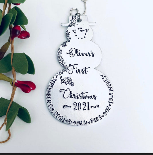 Baby’s first Christmas ornament hand stamped metal snowman Birth announcement Birth stats ornament snowmen new baby 2023 ornament