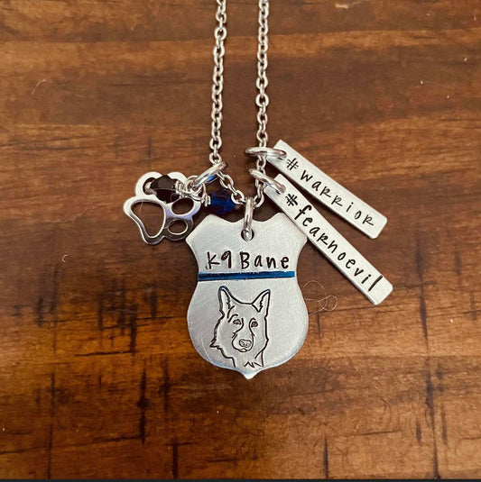 K9 Bane Police shield hand stamped necklace