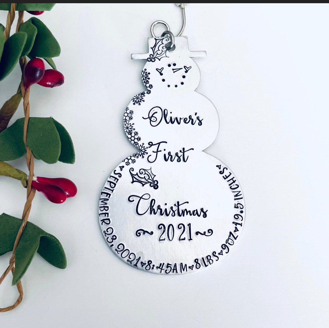 Baby’s first Christmas ornament hand stamped metal snowman Birth announcement Birth stats ornament snowmen new baby 2023 ornament