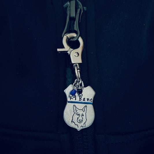 K9 Bane zipper pull hand stamped key chain clip retired K9 Bane Hero Foundation fund working dogs fund raiser