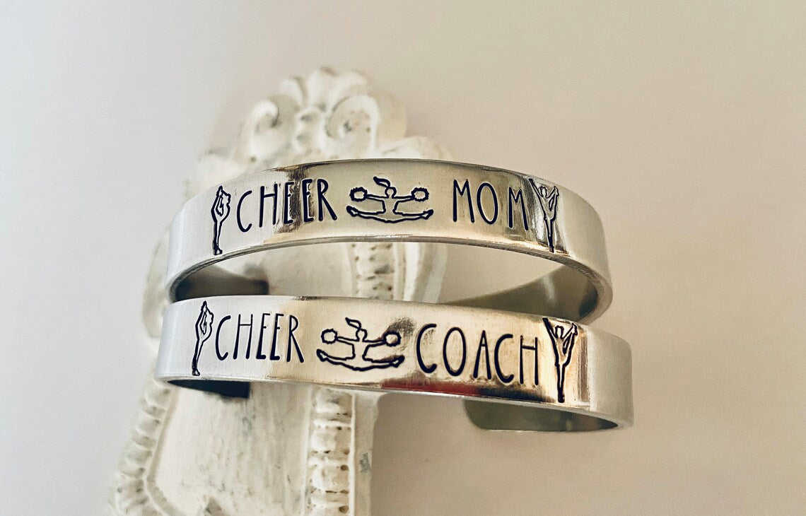 Cheer mom bracelet cheer coach gift Pom Pom Coach gift I love cheer leading cheer cuff hand stamped cheer bracelet