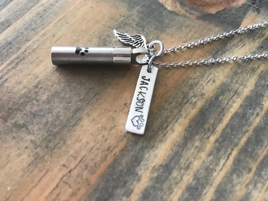 Cremation pet memorial pendant, pet urn, ashes necklace, loss of a pet, hand stamped cremation, loss of a furbaby, dog urn cat urn