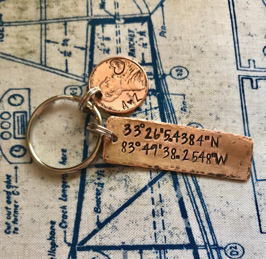 Latitude and longitude key ring • coordinates • hand stamped penny • address • 7th anniversary • map coordinates • copper anniversary •