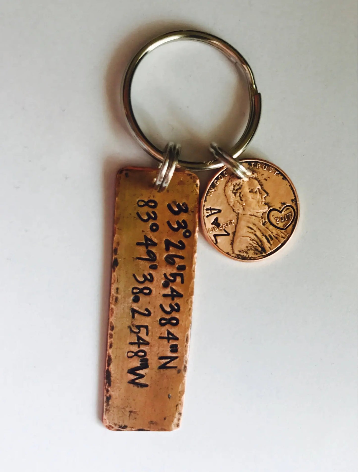 Latitude and longitude key ring • coordinates • hand stamped penny • address • 7th anniversary • map coordinates • copper anniversary •
