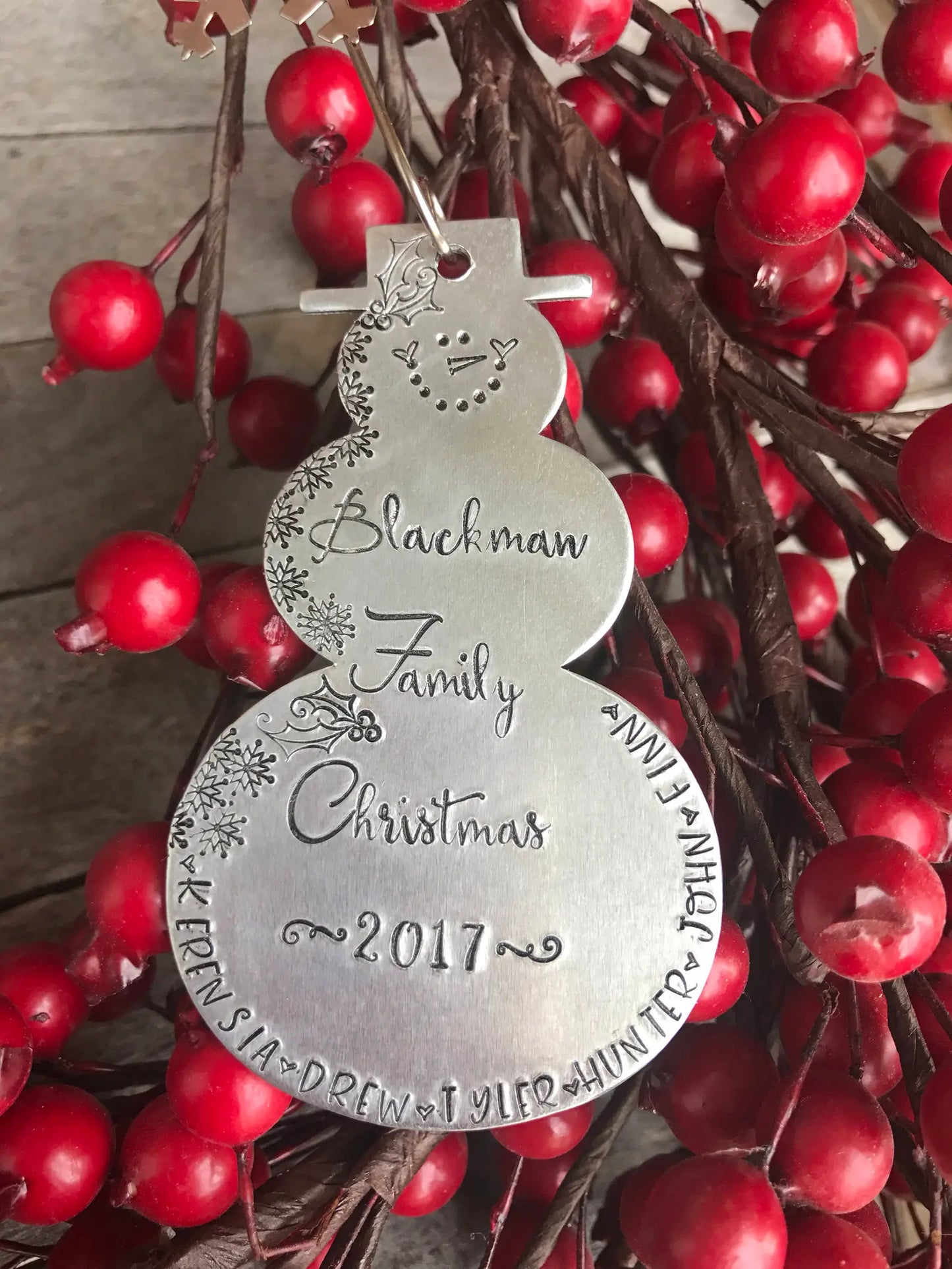 Snowman ornament • hand stamped, metal snowman • family Christmas ornament • snowmen • family names • kids names • pet names • 2023 ornament