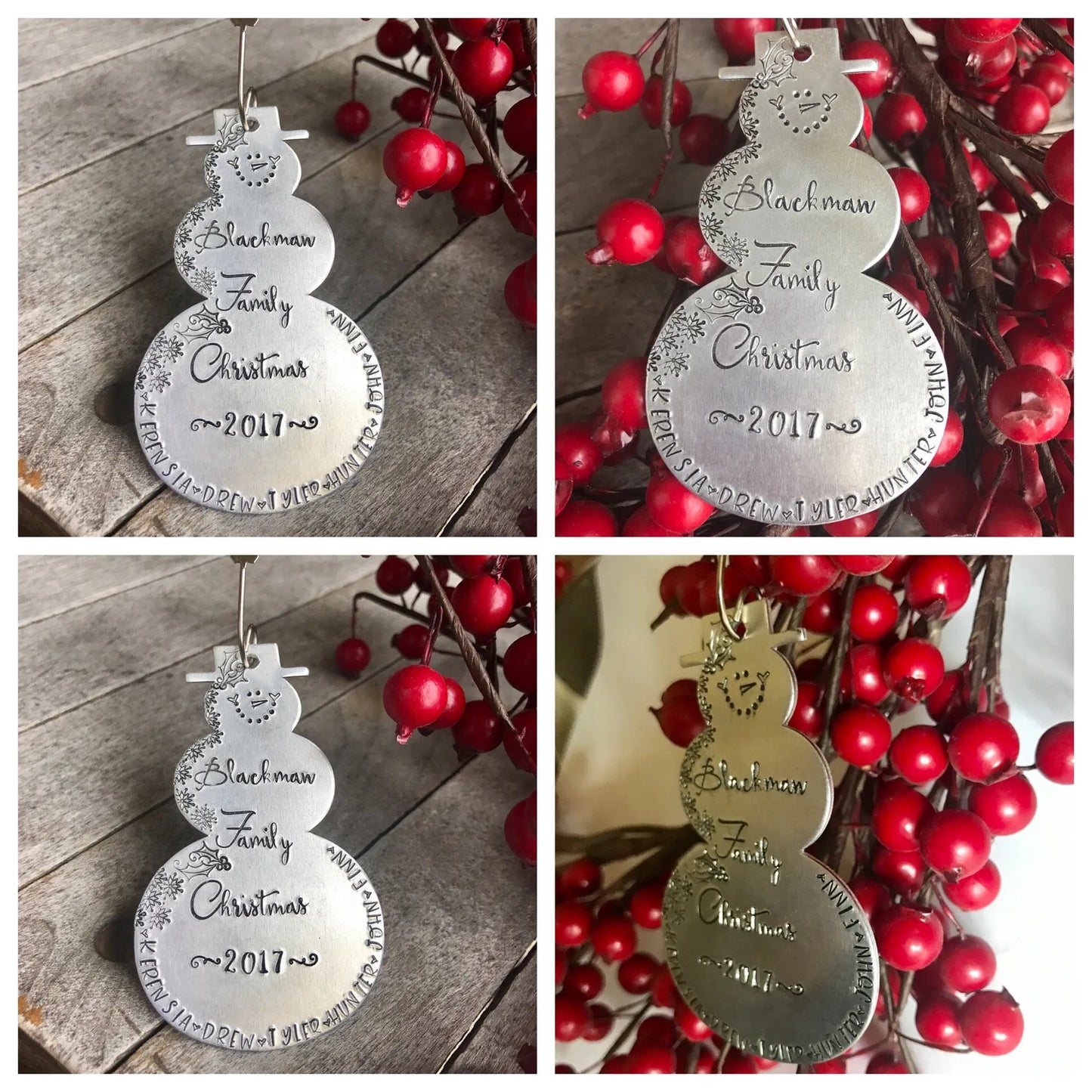 Snowman ornament • hand stamped, metal snowman • family Christmas ornament • snowmen • family names • kids names • pet names • 2023 ornament