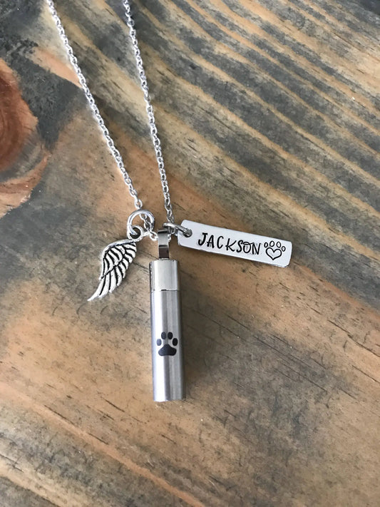 Cremation pet memorial pendant, pet urn, ashes necklace, loss of a pet, hand stamped cremation, loss of a furbaby, dog urn cat urn