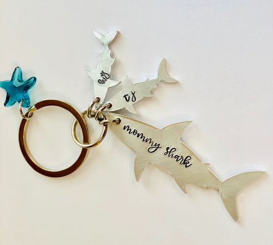 Daddy shark doo doo doo baby shark key ring keychain daddy shark mommy shark hand stamped sharks personalized shark key ring