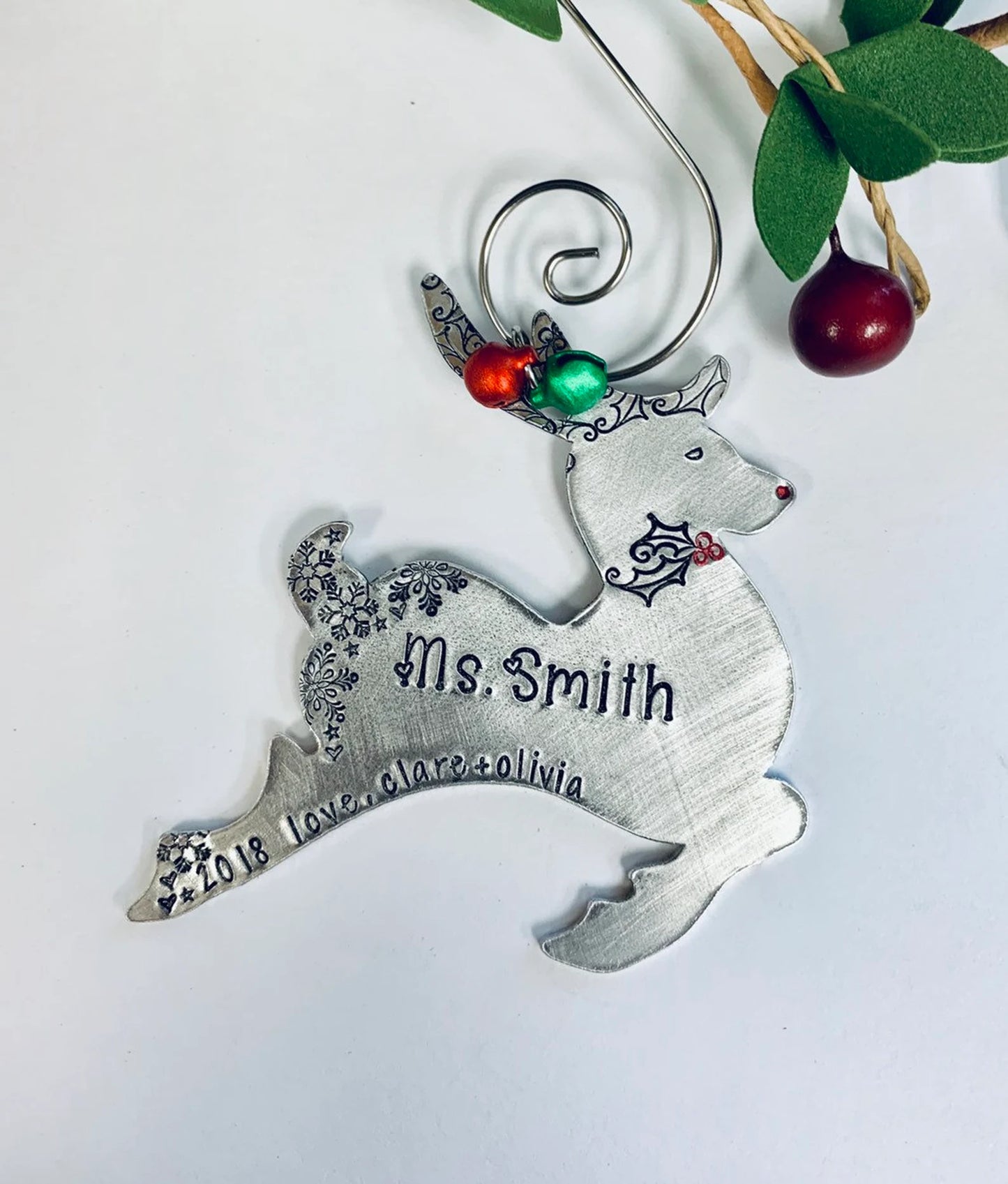 red nose reindeer ornament hand stamped metal reindeer ornament • personalized • kid names • Christmas ornament 2023