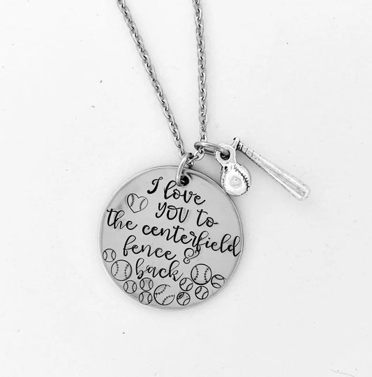 Love you to centerfield fence hand stamped stainless softball necklace softball gift softball team jewelry softball pitcher catcher