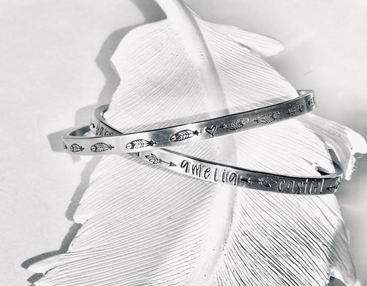 My Tribe • skinny cuff • personalized stacking bracelets • kids names • Pet names • feathers arrows jewelry • hand stamped metal bracelet