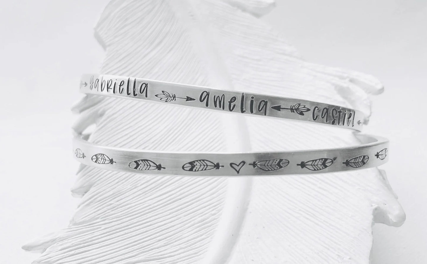 My Tribe • skinny cuff • personalized stacking bracelets • kids names • Pet names • feathers arrows jewelry • hand stamped metal bracelet