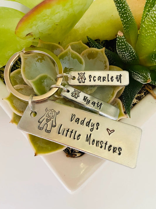 Daddy’s little monsters Father’s Day key chain personalized kids names hand stamped key chain Fathers Day grandpa papa gifts favored uncle