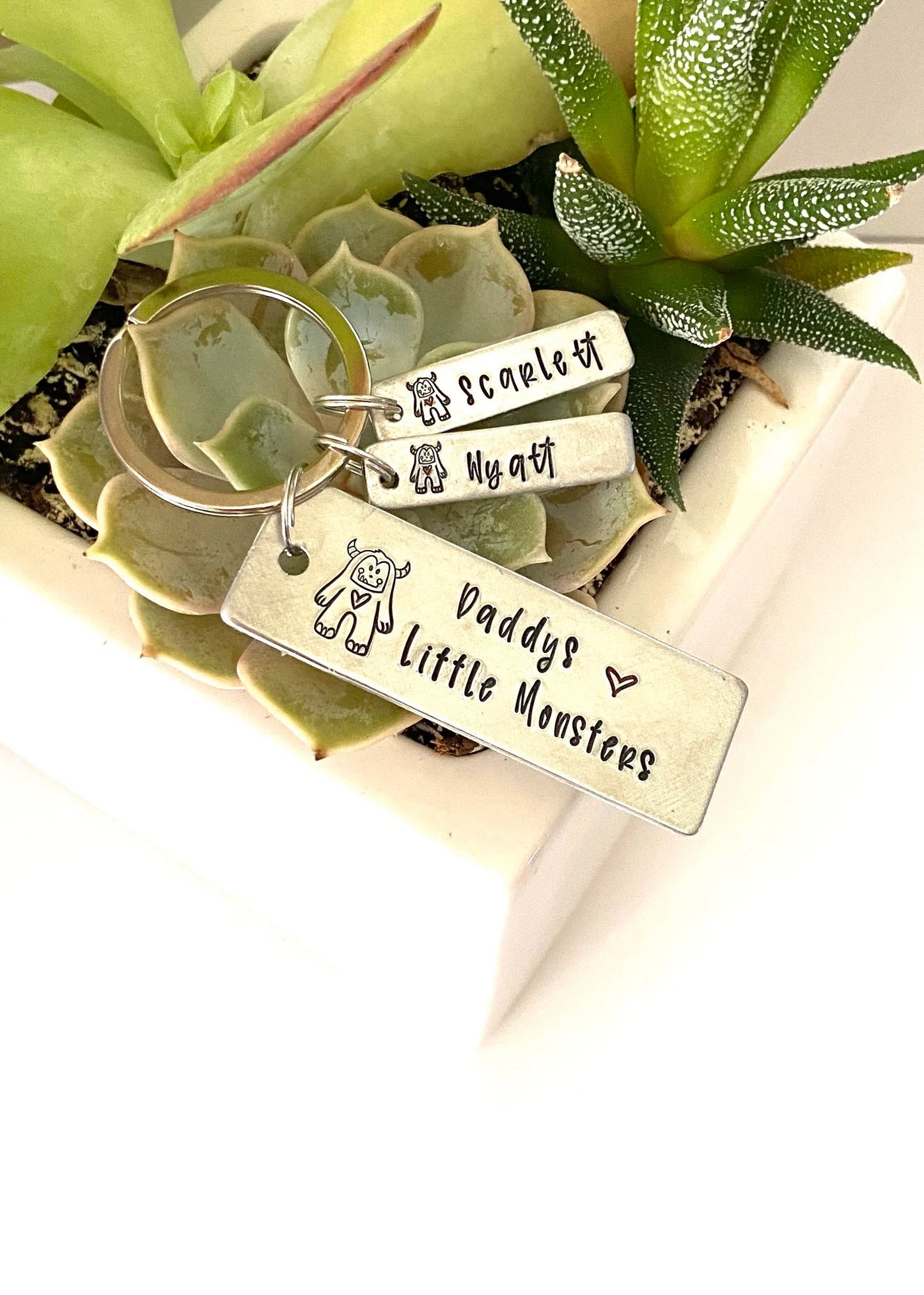 Daddy’s little monsters Father’s Day key chain personalized kids names hand stamped key chain Fathers Day grandpa papa gifts favored uncle