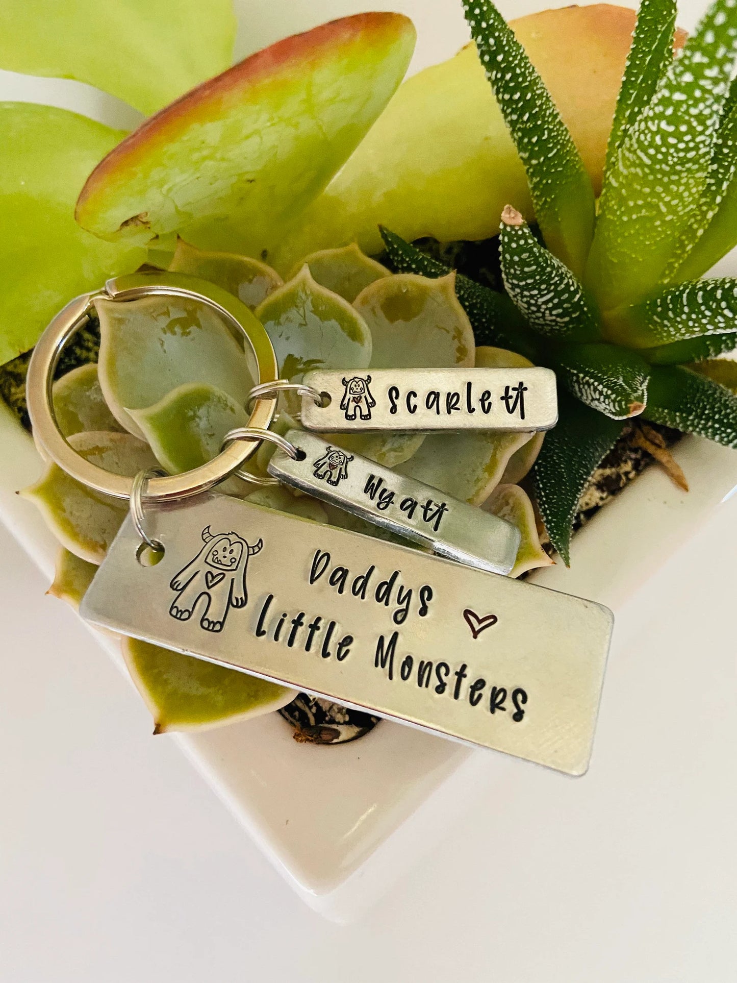 Daddy’s little monsters Father’s Day key chain personalized kids names hand stamped key chain Fathers Day grandpa papa gifts favored uncle