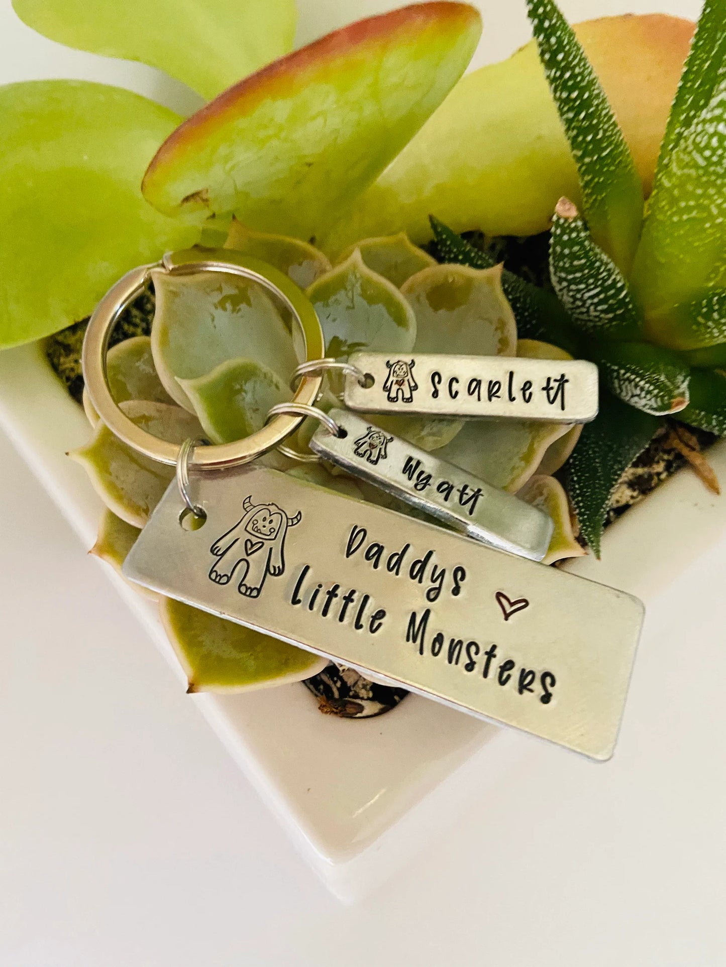 Daddy’s little monsters Father’s Day key chain personalized kids names hand stamped key chain Fathers Day grandpa papa gifts favored uncle