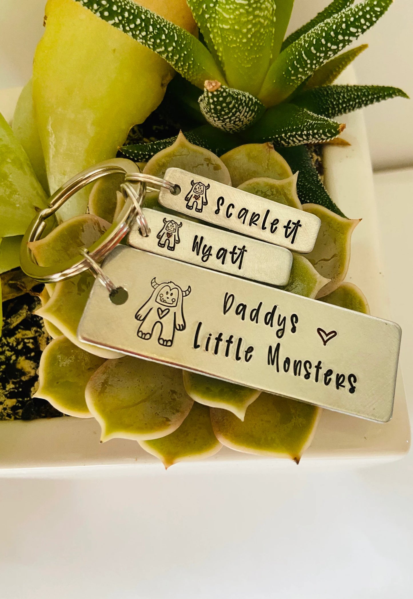 Daddy’s little monsters Father’s Day key chain personalized kids names hand stamped key chain Fathers Day grandpa papa gifts favored uncle
