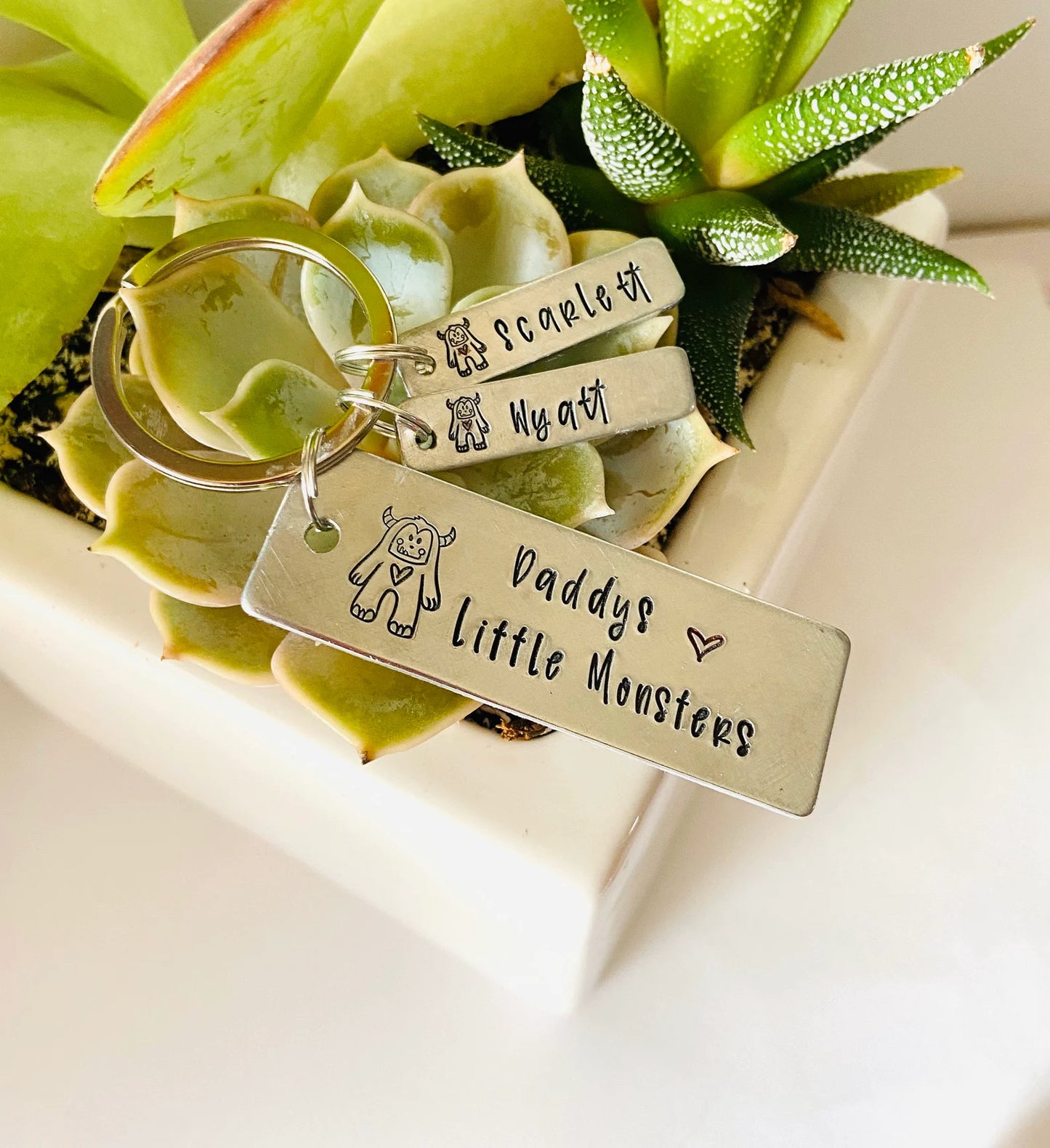 Daddy’s little monsters Father’s Day key chain personalized kids names hand stamped key chain Fathers Day grandpa papa gifts favored uncle