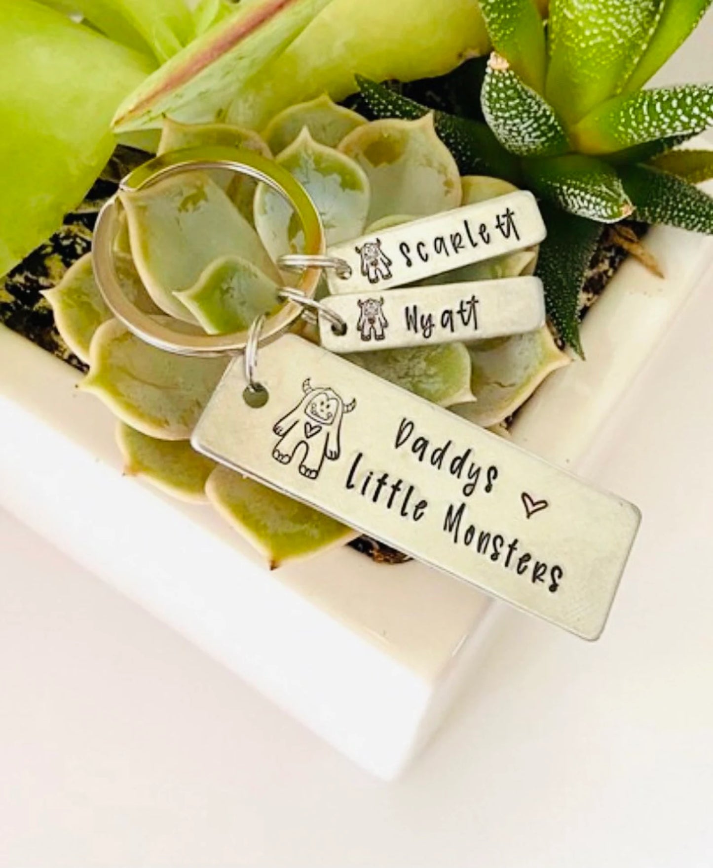 Daddy’s little monsters Father’s Day key chain personalized kids names hand stamped key chain Fathers Day grandpa papa gifts favored uncle
