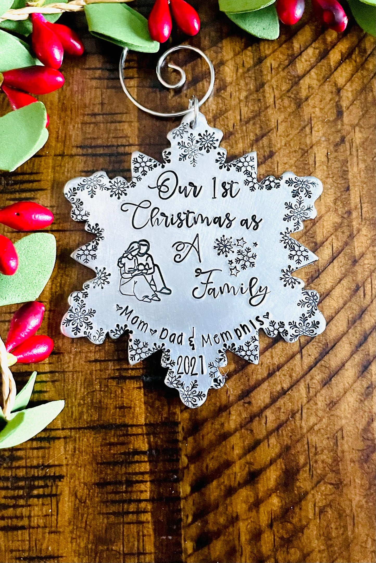 Our first Christmas as a family ornament personalized hand stamped first Christmas together family ornament 2021 snowflake ornament