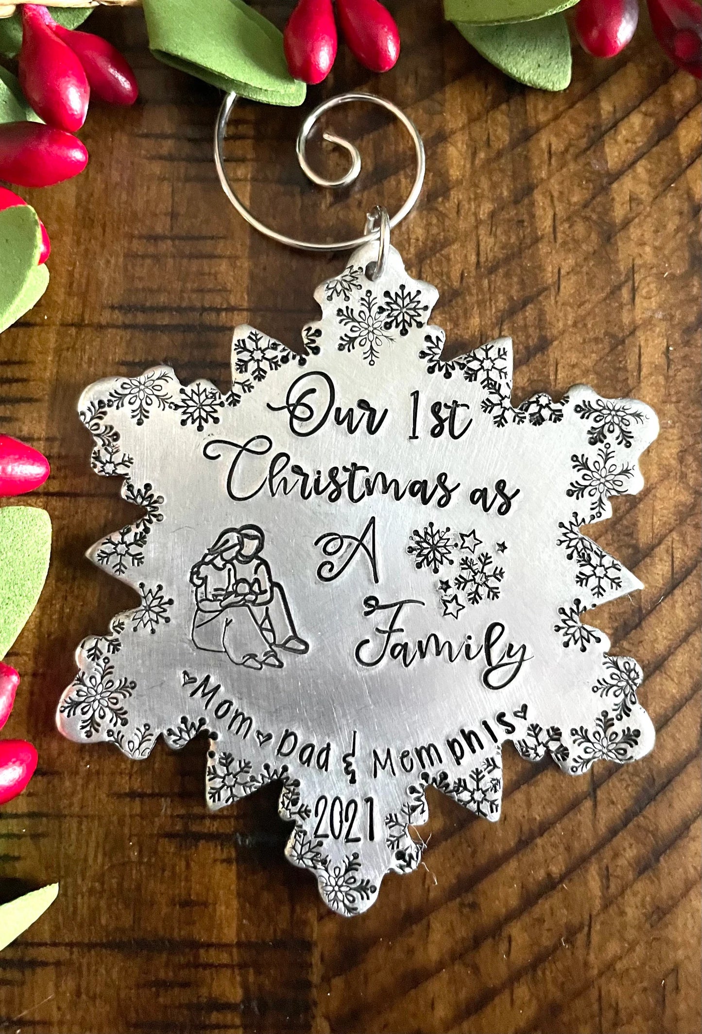Our first Christmas as a family ornament personalized hand stamped first Christmas together family ornament 2021 snowflake ornament
