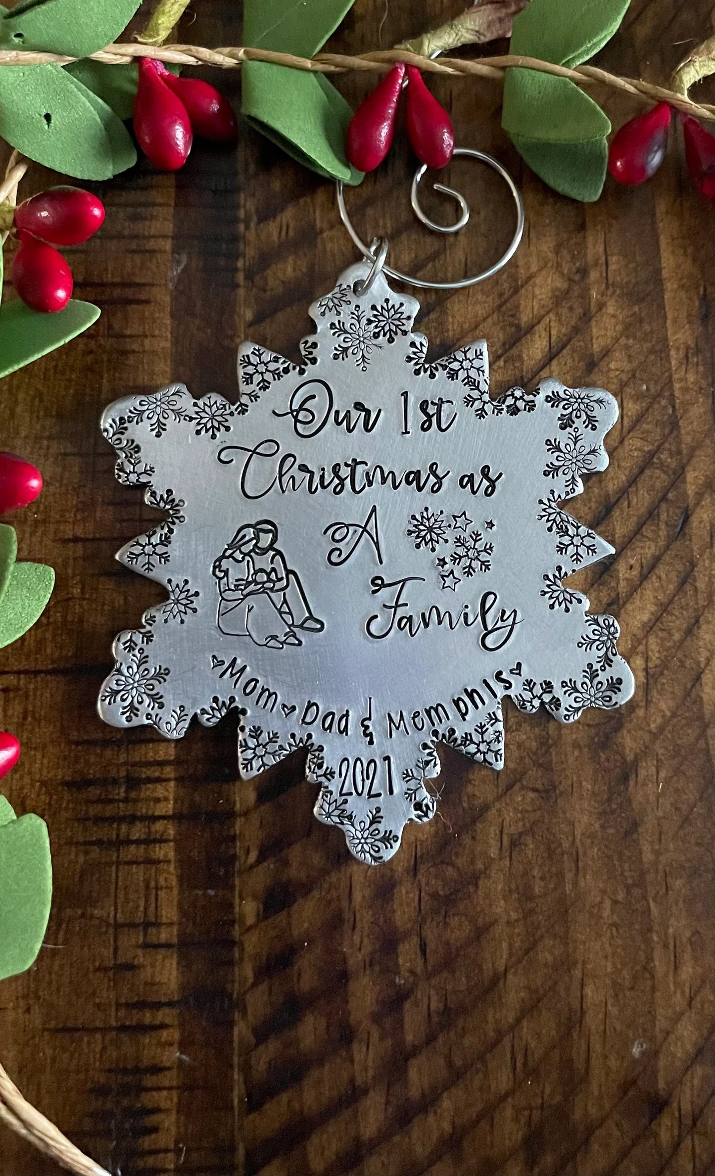 Our first Christmas as a family ornament personalized hand stamped first Christmas together family ornament 2021 snowflake ornament
