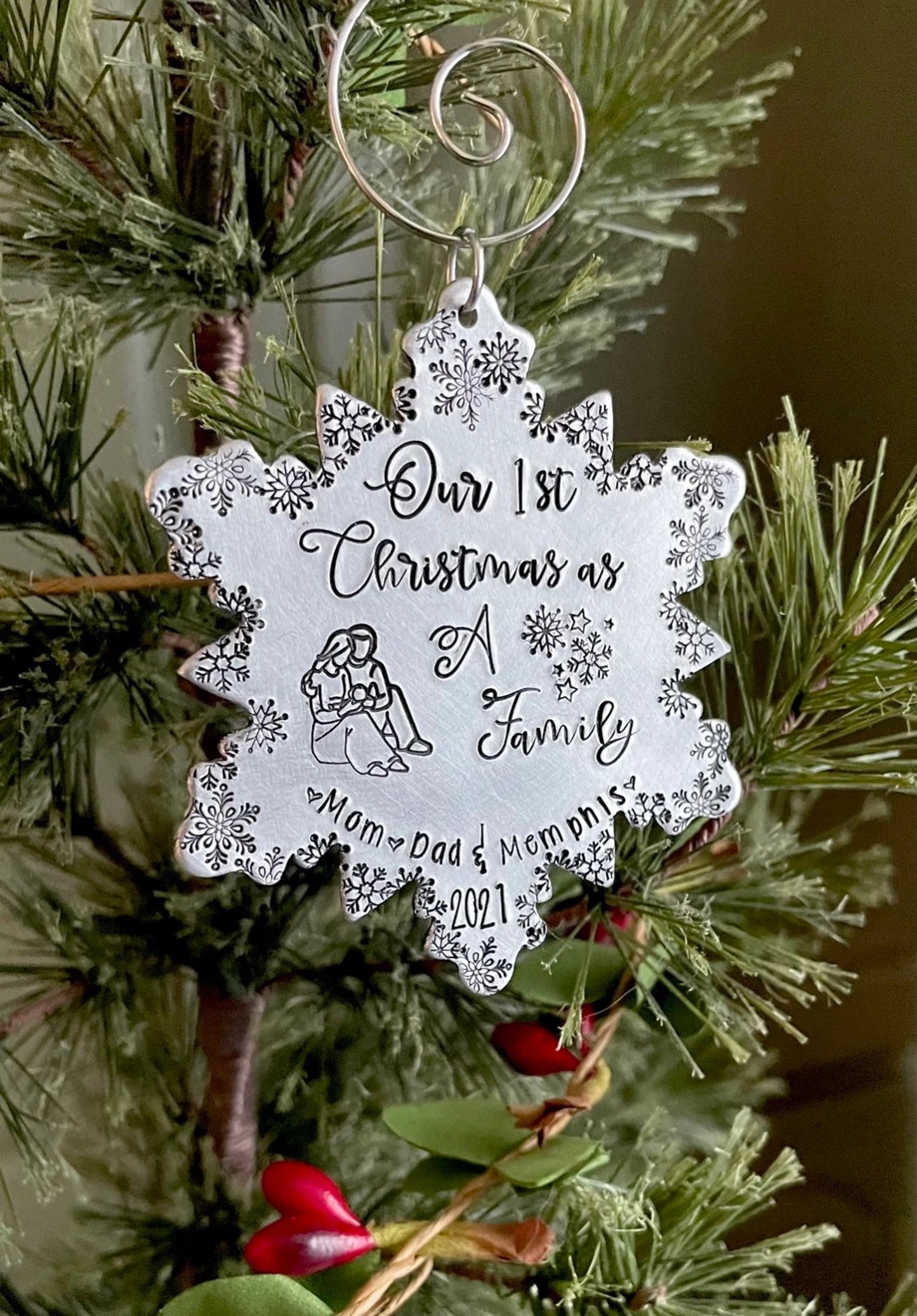 Our first Christmas as a family ornament personalized hand stamped first Christmas together family ornament 2021 snowflake ornament