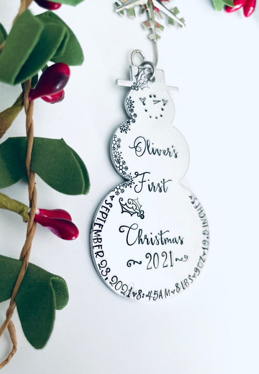 Baby’s first Christmas ornament hand stamped metal snowman Birth announcement Birth stats ornament snowmen new baby 2022 ornament