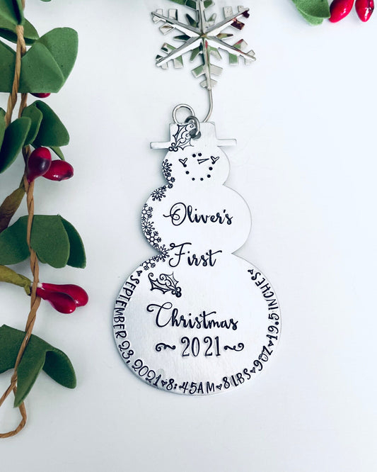 Baby’s first Christmas ornament hand stamped metal snowman Birth announcement Birth stats ornament snowmen new baby 2022 ornament