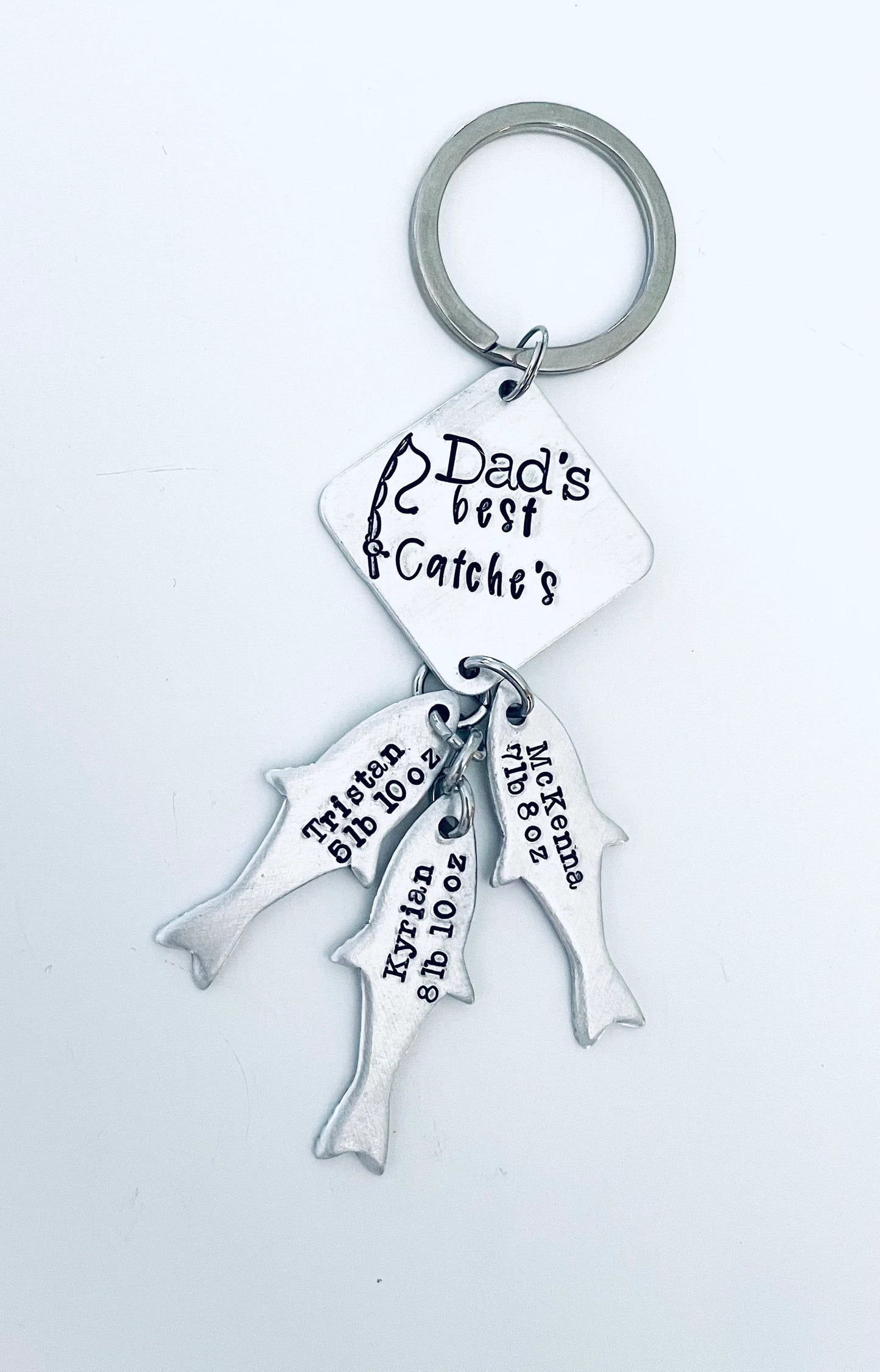 Dad’s best catches custom Father’s Day gift grandpa gift hand stamped and personalized kids names and weight fishing key chain