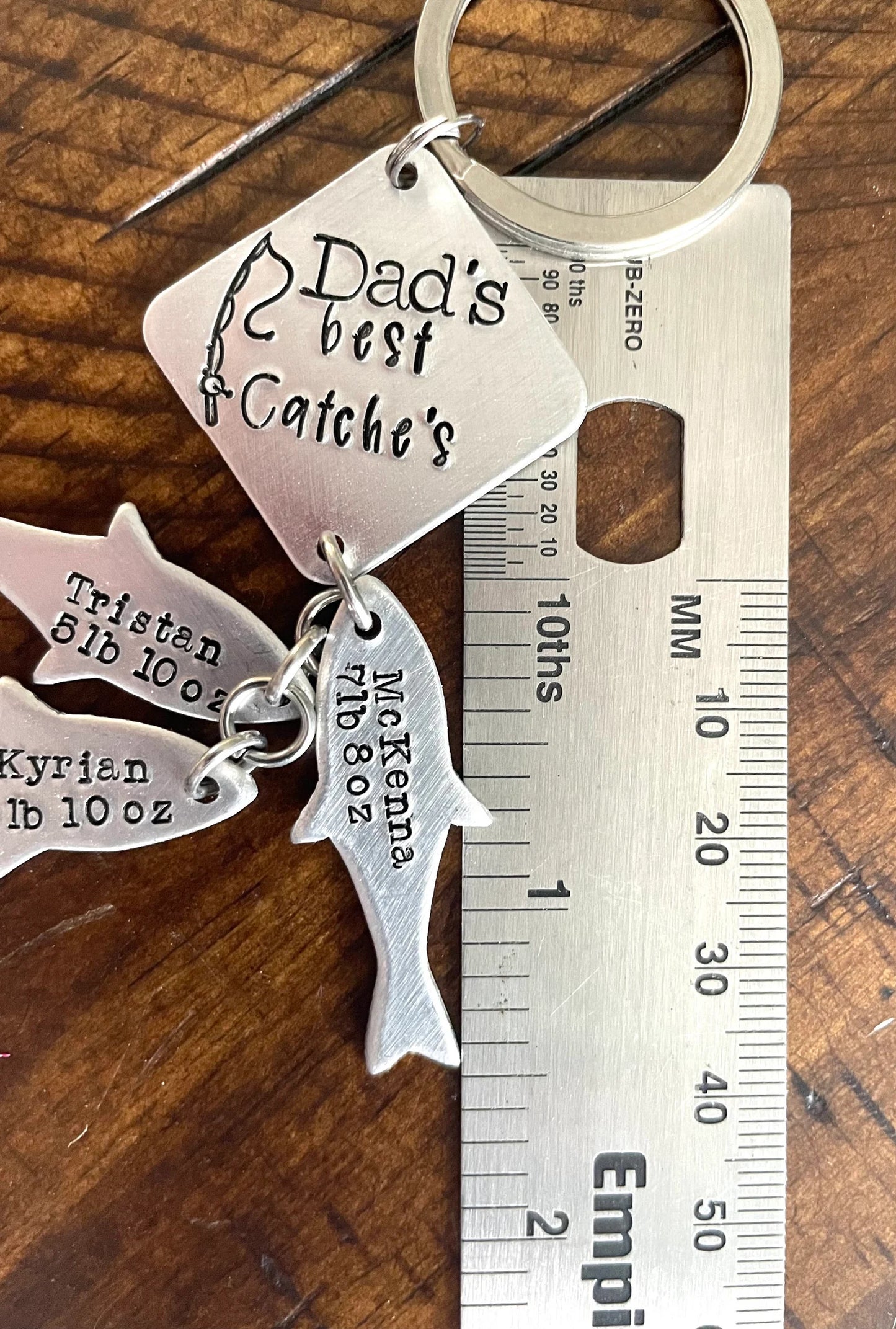 Dad’s best catches custom Father’s Day gift grandpa gift hand stamped and personalized kids names and weight fishing key chain