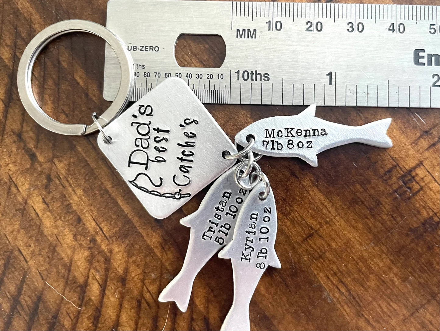 Dad’s best catches custom Father’s Day gift grandpa gift hand stamped and personalized kids names and weight fishing key chain