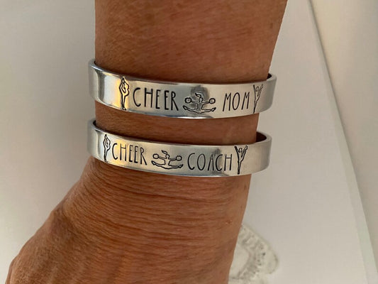 Cheer mom bracelet cheer coach gift Pom Pom Coach gift I love cheer leading cheer cuff hand stamped cheer bracelet