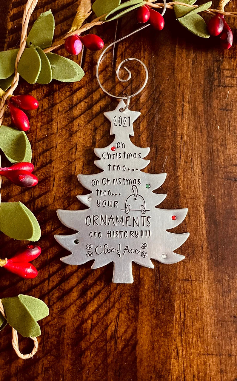 Oh Christmas Tree your ornaments are history hand stamped personalized cat ornament funny cat ornament 2021 cat lover Christmas gift