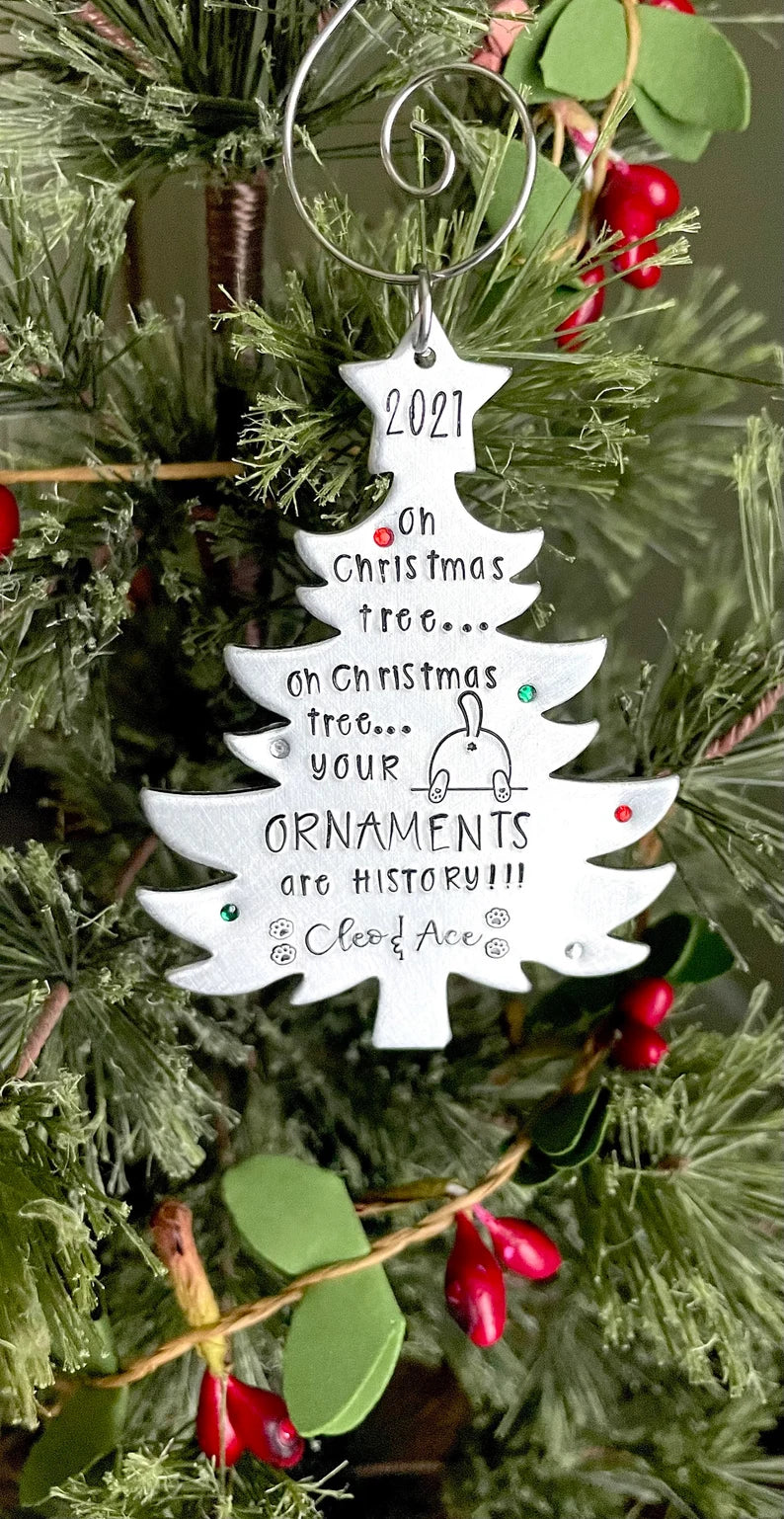 Oh Christmas Tree your ornaments are history hand stamped personalized cat ornament funny cat ornament 2021 cat lover Christmas gift