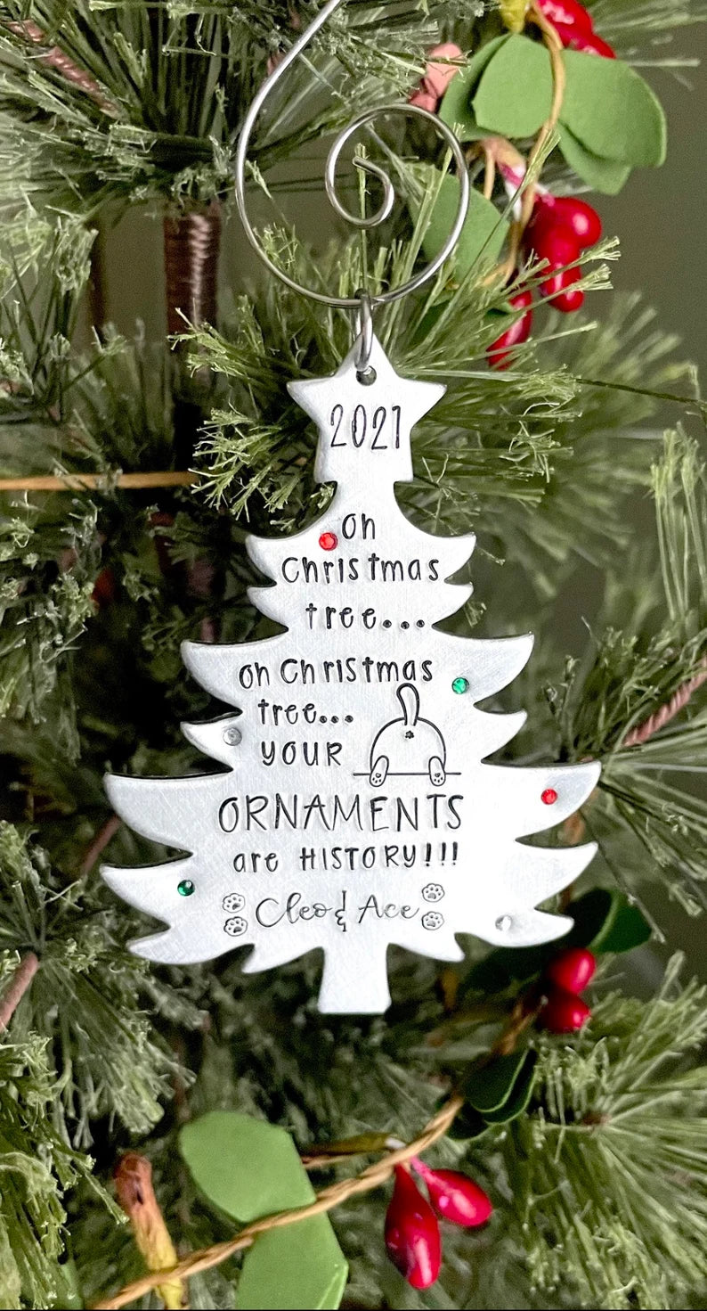 Oh Christmas Tree your ornaments are history hand stamped personalized cat ornament funny cat ornament 2021 cat lover Christmas gift