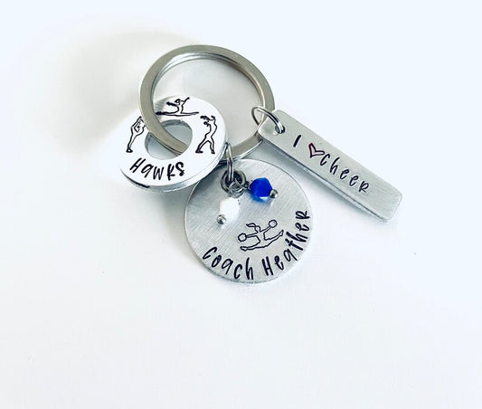 Cheer coach gift hand stamped personalized cheer coach key ring cheer team school spirit key chain cheerleading keychain cheer coaches gift