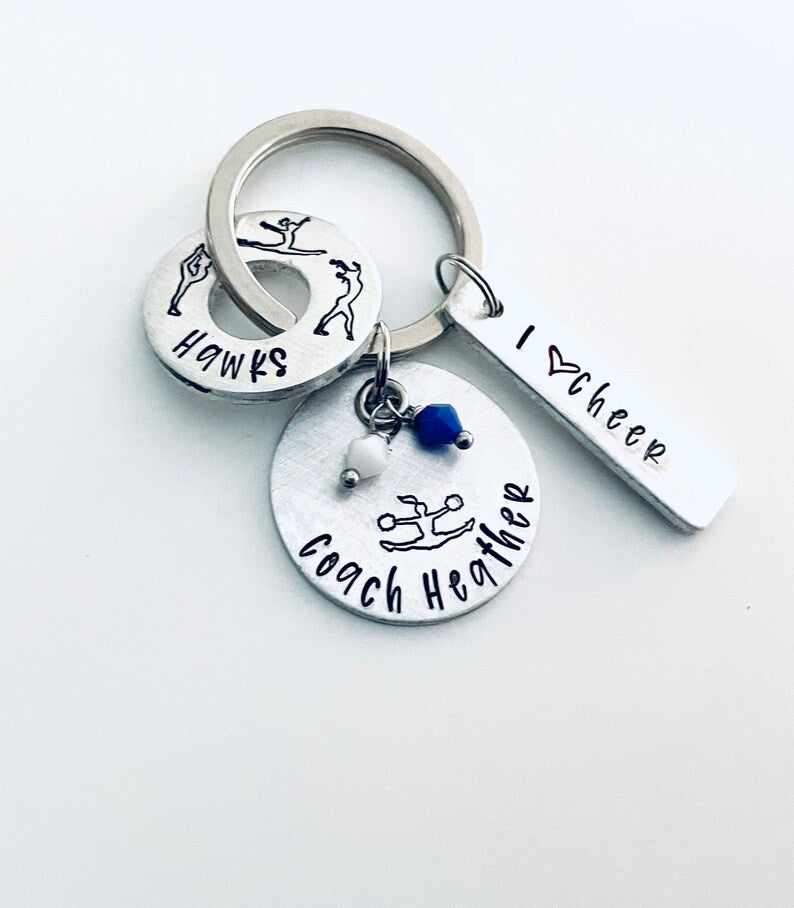 Cheer coach gift hand stamped personalized cheer coach key ring cheer team school spirit key chain cheerleading keychain cheer coaches gift