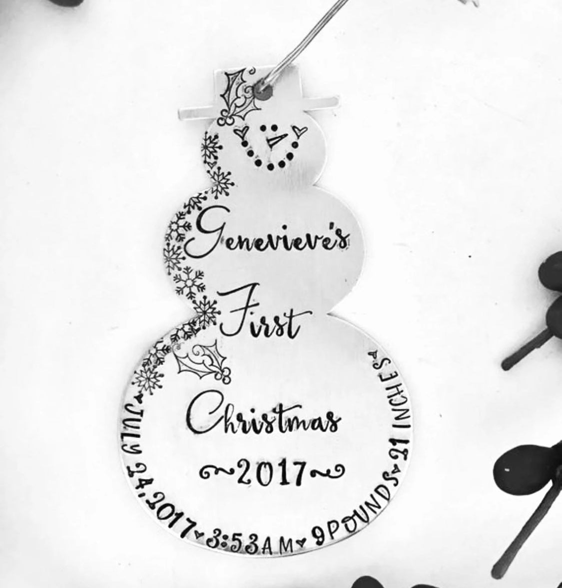 Snowman ornament • hand stamped, metal snowman • family Christmas ornament • snowmen • family names • kids names • pet names • 2023 ornament