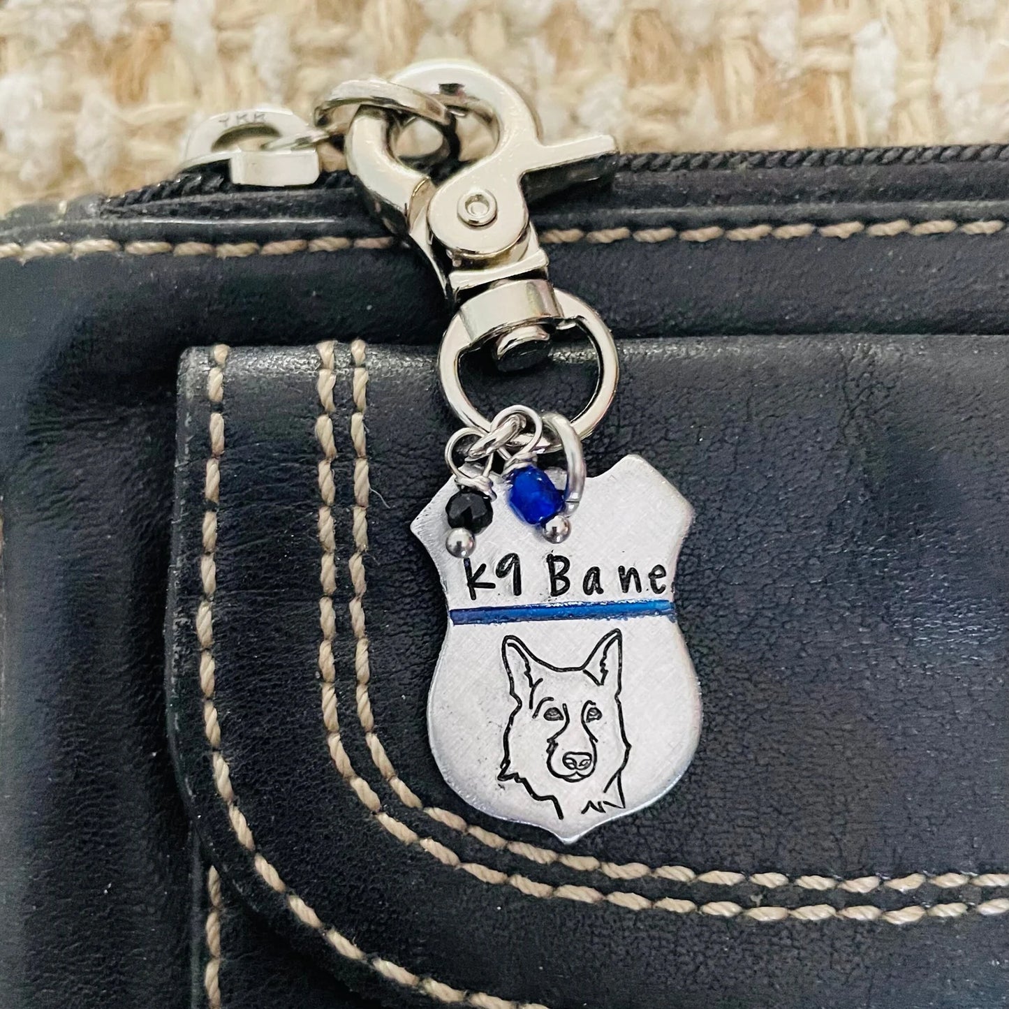 K9 Bane zipper pull hand stamped key chain clip retired K9 Bane Hero Foundation fund working dogs fund raiser