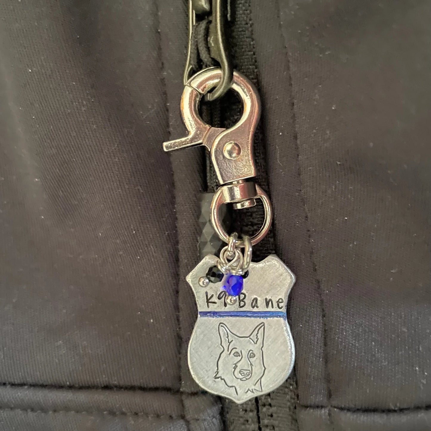 K9 Bane zipper pull hand stamped key chain clip retired K9 Bane Hero Foundation fund working dogs fund raiser