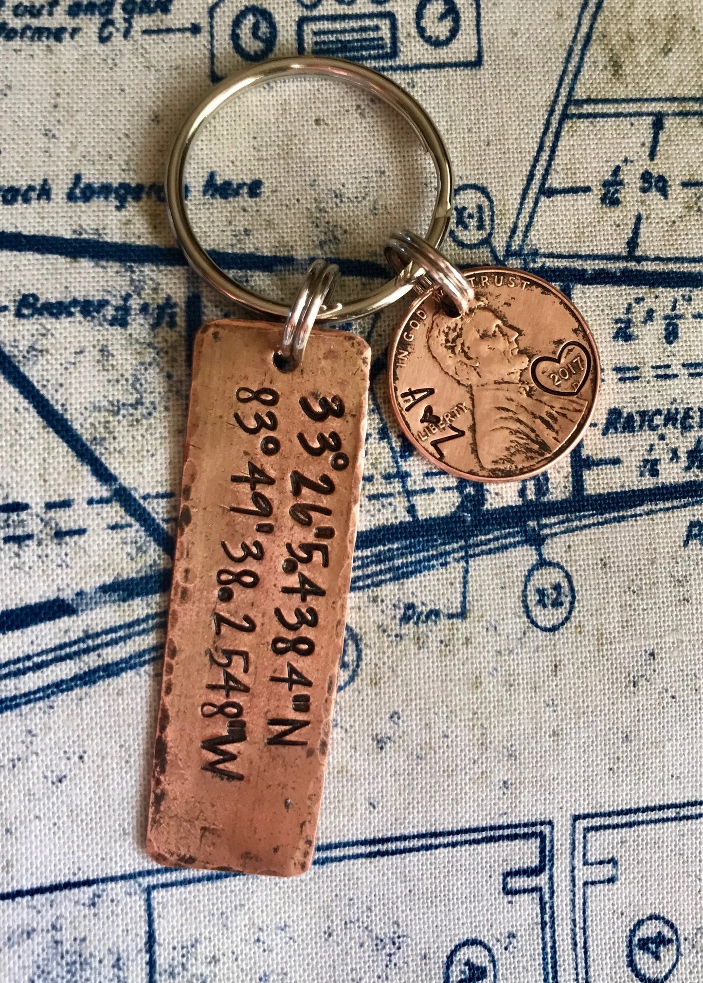 Latitude and longitude key ring • coordinates • hand stamped penny • address • 7th anniversary • map coordinates • copper anniversary •