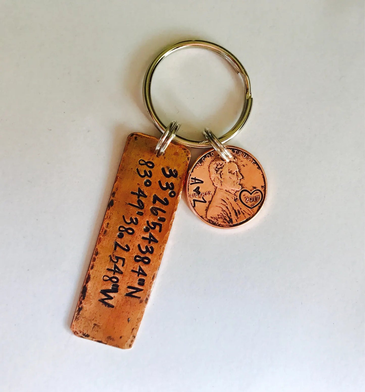 Latitude and longitude key ring • coordinates • hand stamped penny • address • 7th anniversary • map coordinates • copper anniversary •