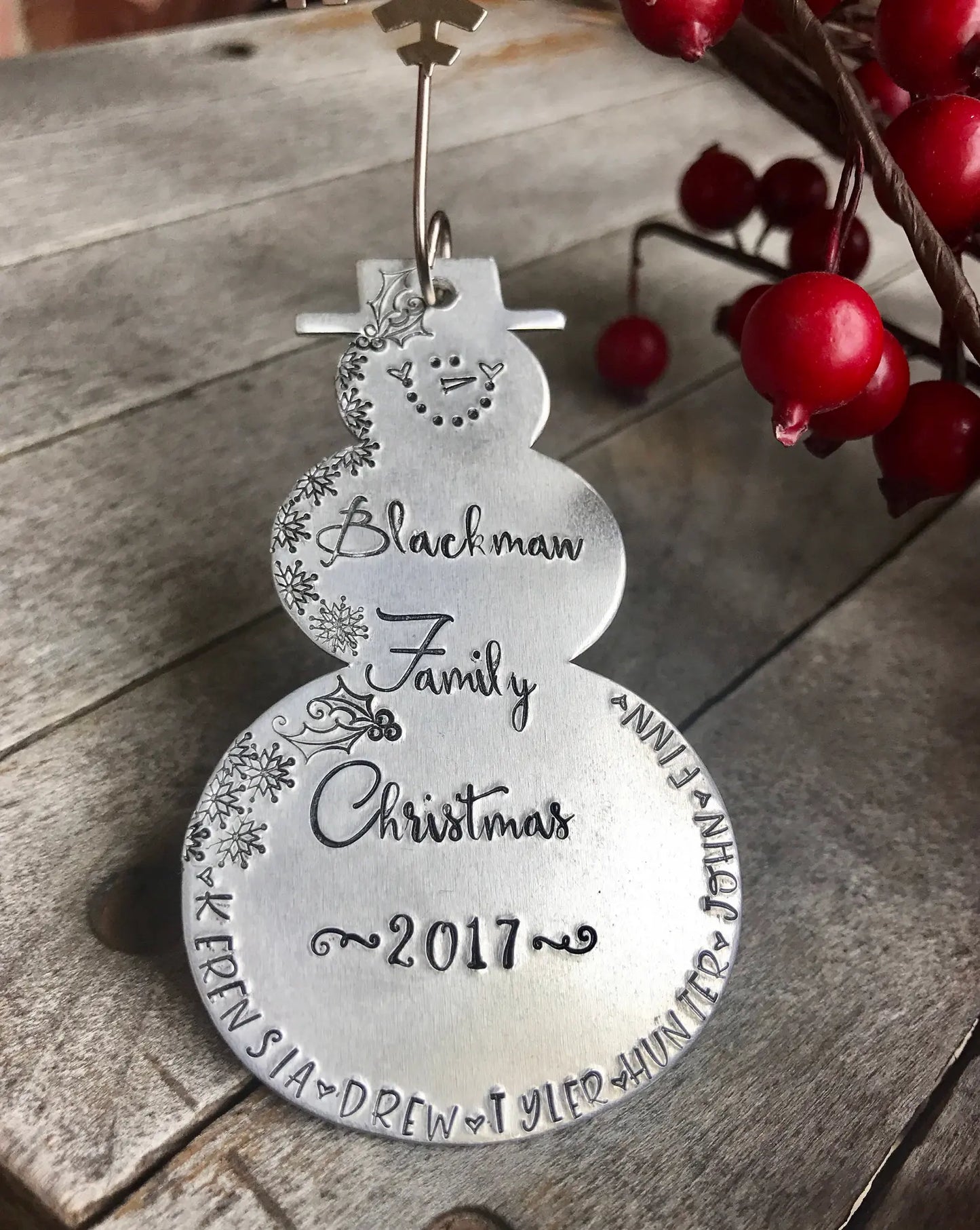 Snowman ornament • hand stamped, metal snowman • family Christmas ornament • snowmen • family names • kids names • pet names • 2023 ornament