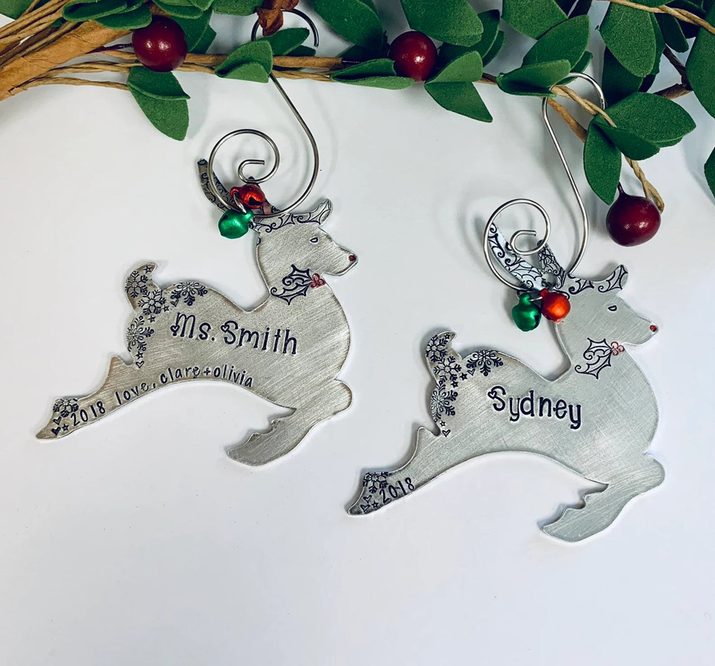 red nose reindeer ornament hand stamped metal reindeer ornament • personalized • kid names • Christmas ornament 2023