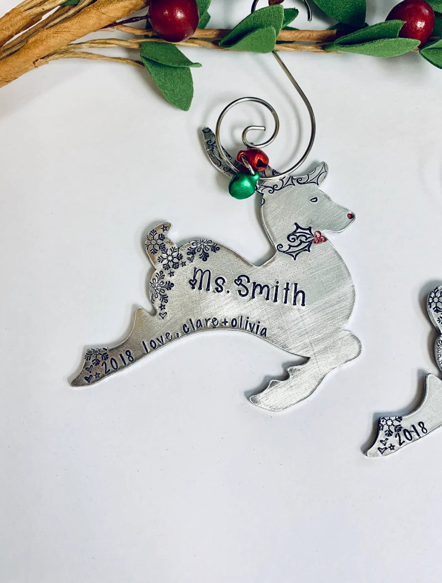 red nose reindeer ornament hand stamped metal reindeer ornament • personalized • kid names • Christmas ornament 2023