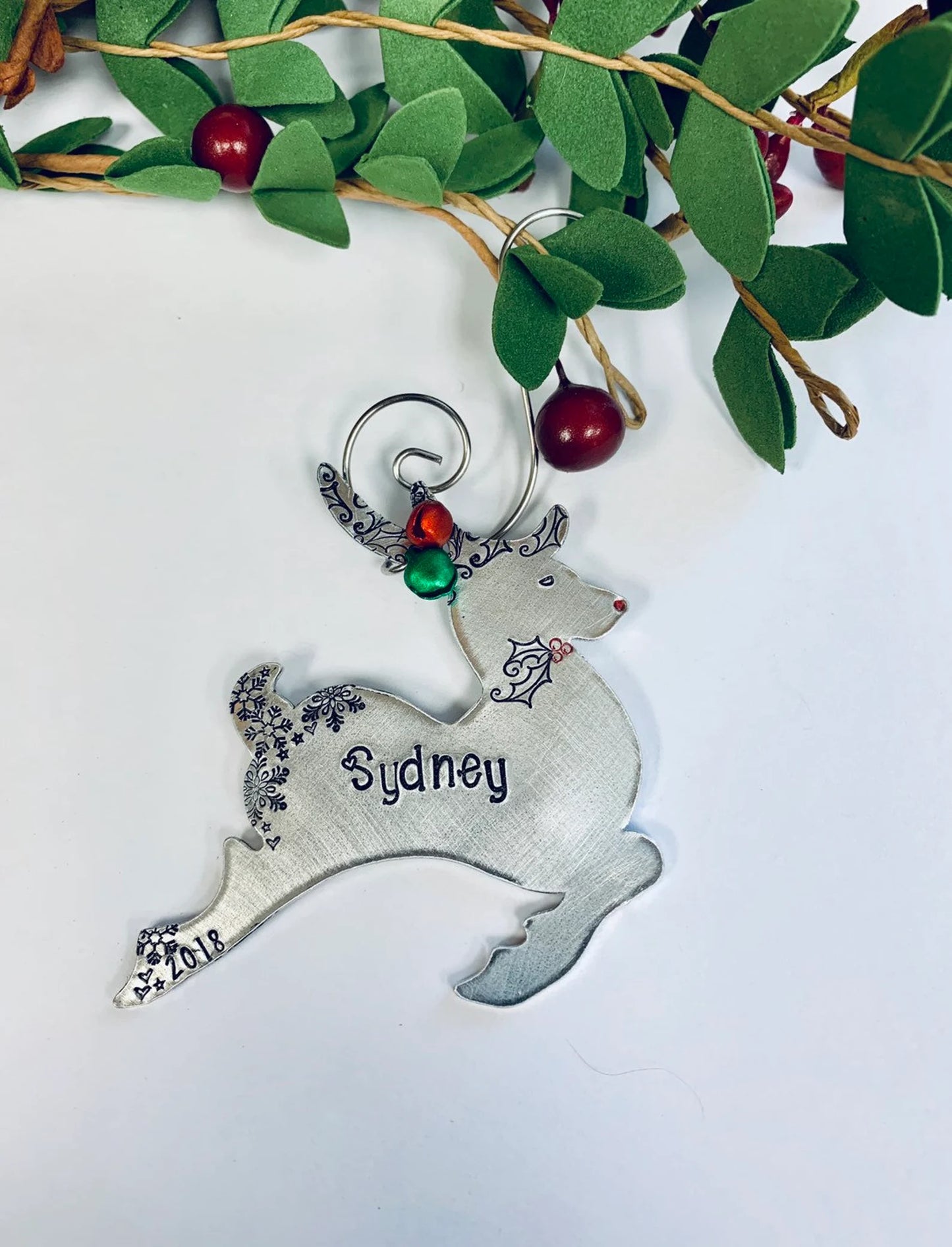 red nose reindeer ornament hand stamped metal reindeer ornament • personalized • kid names • Christmas ornament 2023