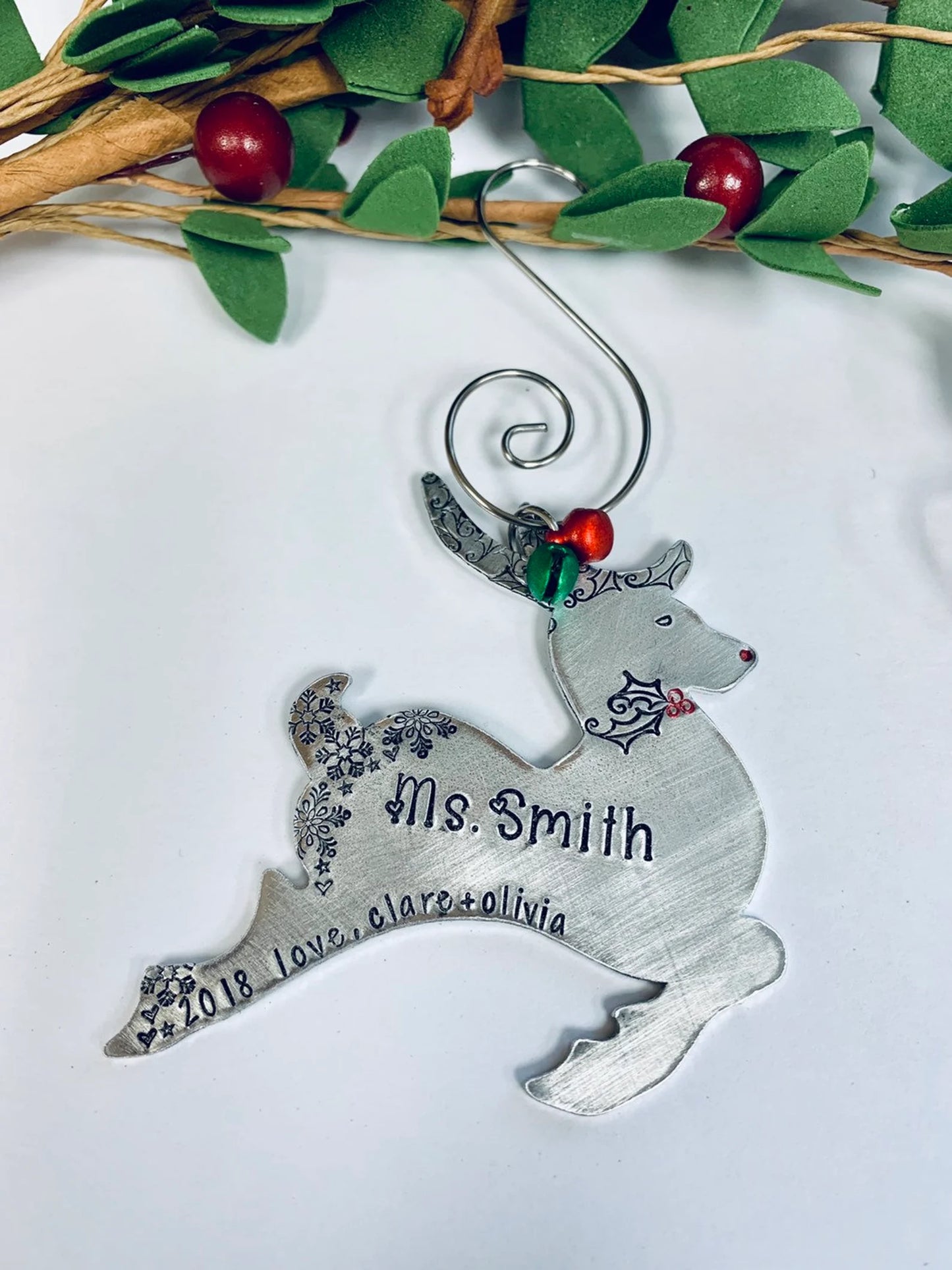 red nose reindeer ornament hand stamped metal reindeer ornament • personalized • kid names • Christmas ornament 2023