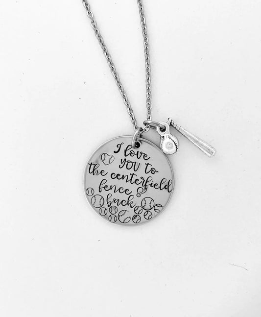 Love you to centerfield fence hand stamped stainless softball necklace softball gift softball team jewelry softball pitcher catcher