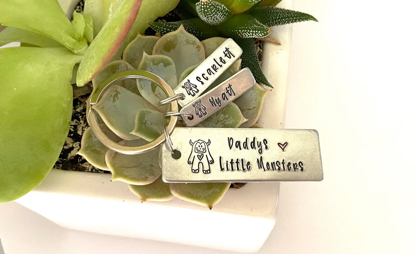 Daddy’s little monsters Father’s Day key chain personalized kids names hand stamped key chain Fathers Day grandpa papa gifts favored uncle